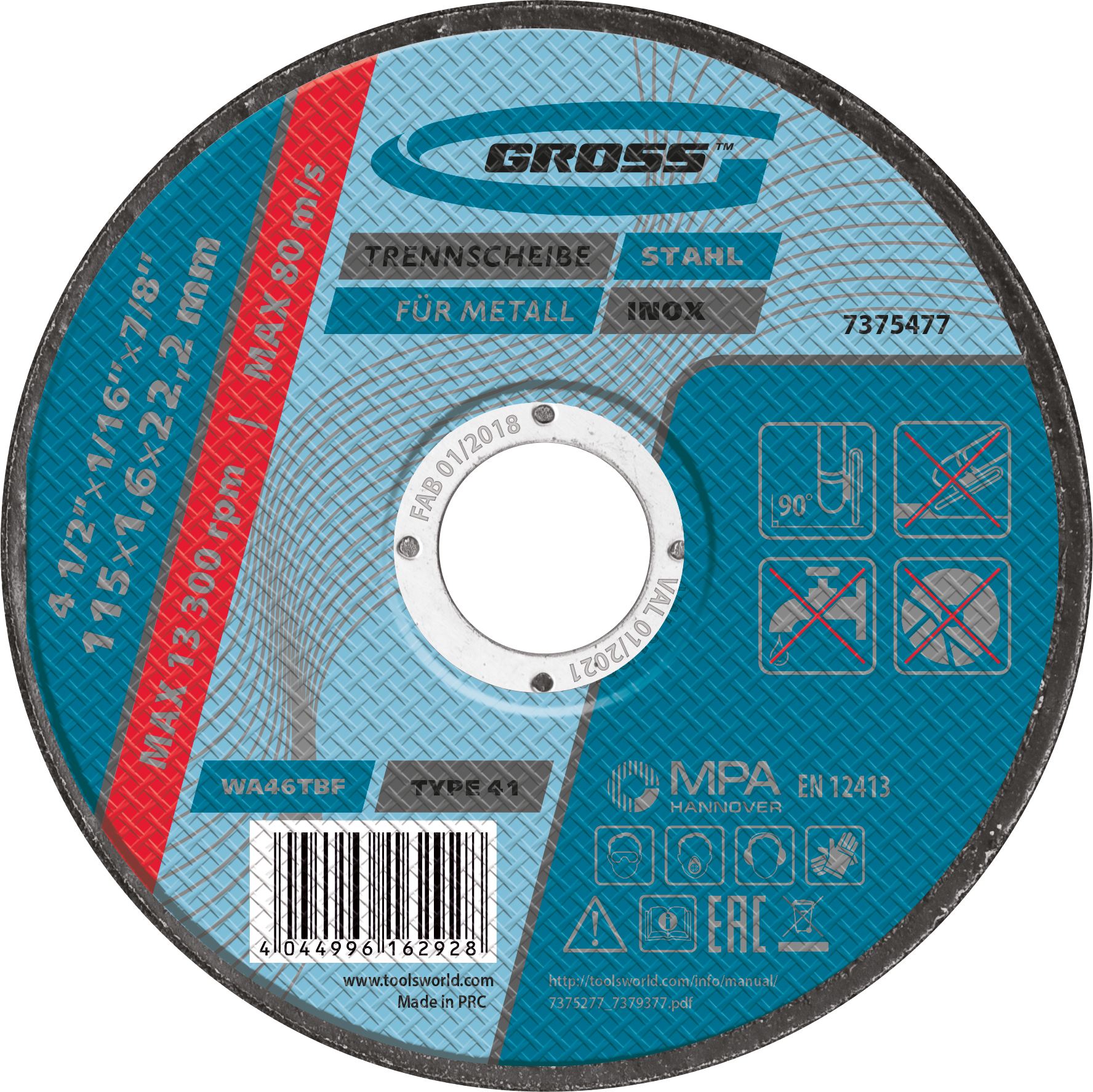 Disc de taiat metal, 115 х 1,6 х 22,2 mm// Gross