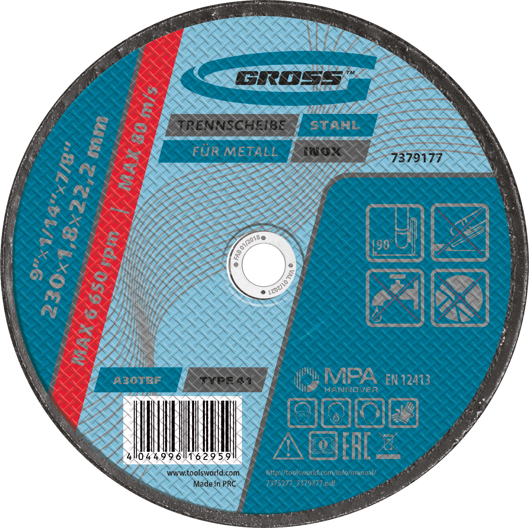 Disc de taiat metal, 230 х 1,8 х 22,2 mm// Gross