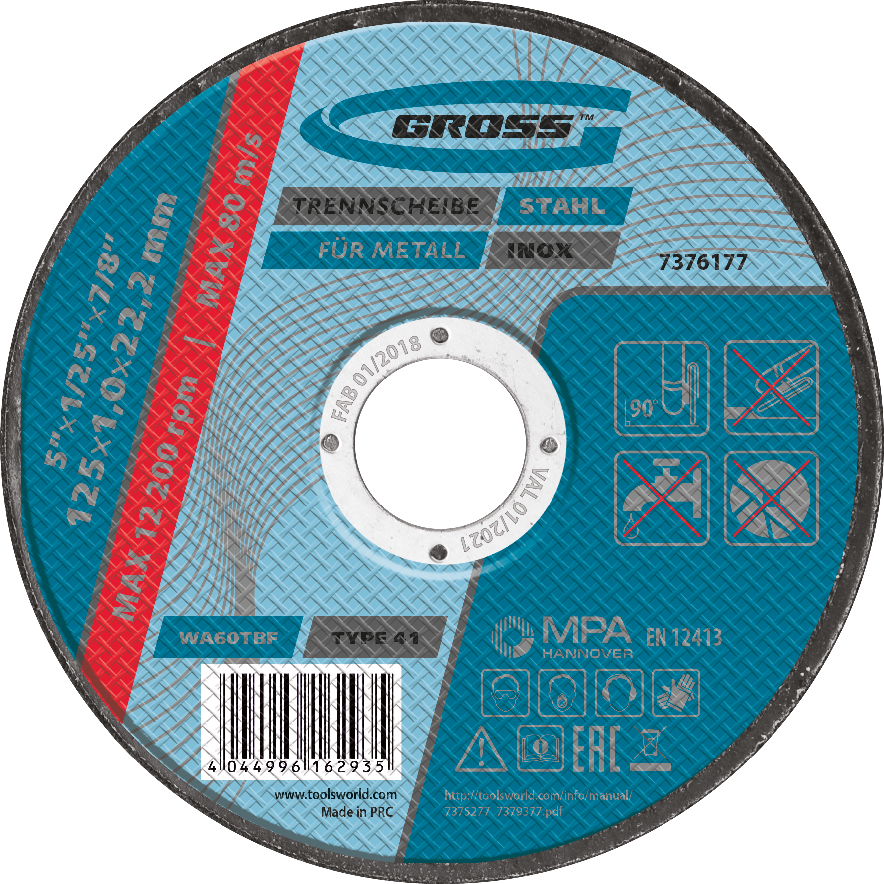 Disc de taiat metal, 125 х 1,0 х 22,2 mm// Gross
