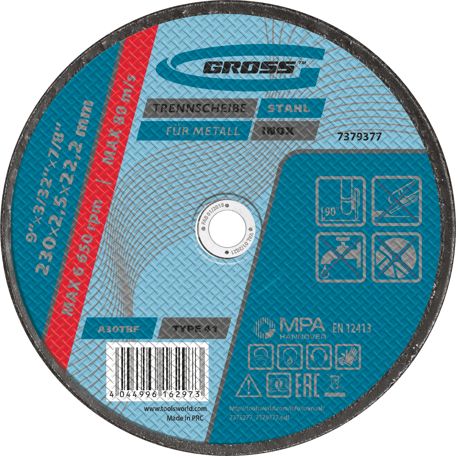 Disc de taiat metal, 230 х 2,5 х 22,2 mm// Gross